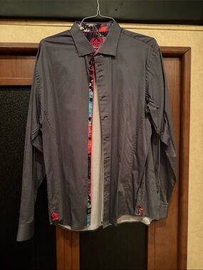 Men's Navy Microdot Dress Shirt with Floral Trim